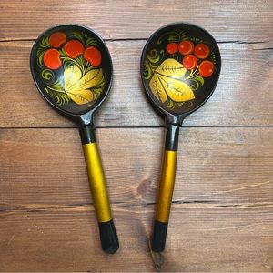 2 Vtg Russian Wooden Khokhloma Spoons